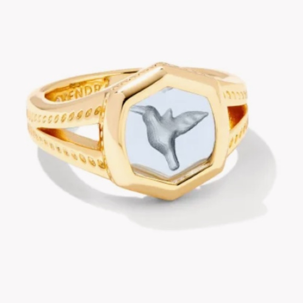 Kendra Scott Davie Intaglio Gold Statement Ring in Blue Glass Hummingbird, 7